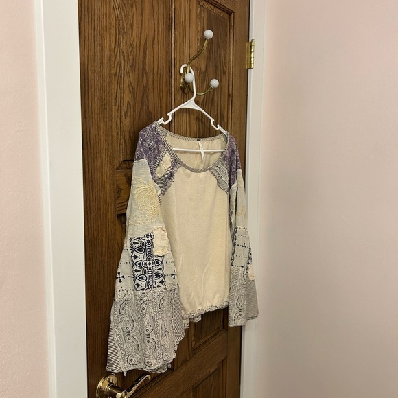 Free People In Pieces Bohemian Patchwork Top Cream and Purple Small - Picture 3 of 12